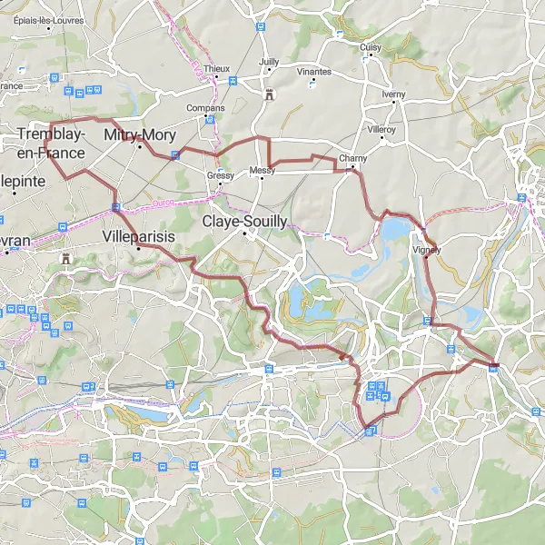 Miniature de la carte de l'inspiration cycliste "Aventure en gravier à vélo près de Couilly-Pont-aux-Dames" dans la Ile-de-France, France. Générée par le planificateur d'itinéraire cycliste Tarmacs.app