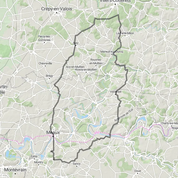 Miniature de la carte de l'inspiration cycliste "Boucle à vélo sur route autour de Couilly-Pont-aux-Dames" dans la Ile-de-France, France. Générée par le planificateur d'itinéraire cycliste Tarmacs.app