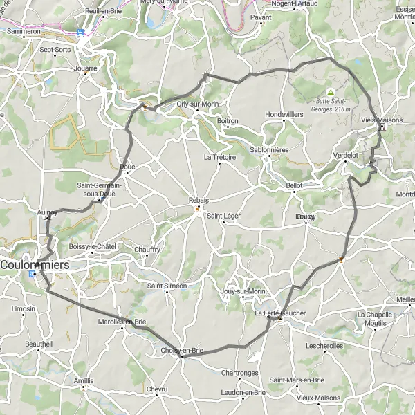 Miniature de la carte de l'inspiration cycliste "Challenging road adventure in Seine-et-Marne" dans la Ile-de-France, France. Générée par le planificateur d'itinéraire cycliste Tarmacs.app