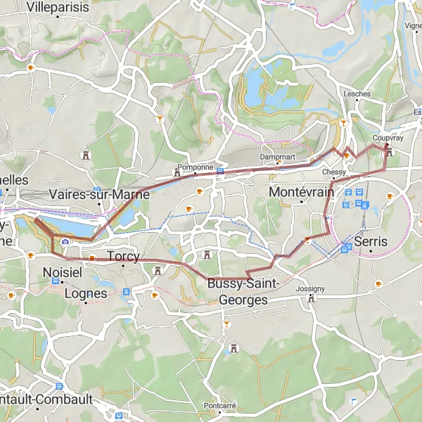Miniature de la carte de l'inspiration cycliste "Aventure gravel autour de Coupvray" dans la Ile-de-France, France. Générée par le planificateur d'itinéraire cycliste Tarmacs.app