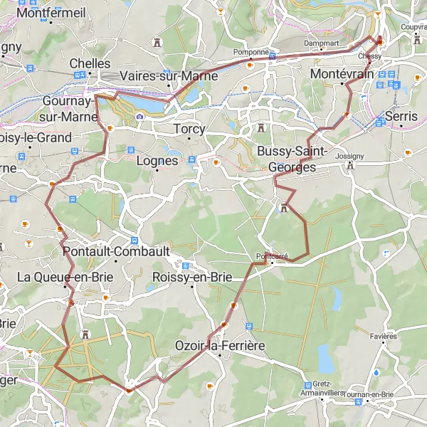 Map miniature of "The Morbras Valley Gravel Adventure" cycling inspiration in Ile-de-France, France. Generated by Tarmacs.app cycling route planner