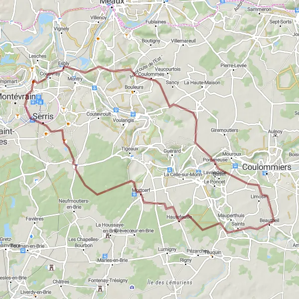 Map miniature of "Gravel Adventure in Seine-et-Marne" cycling inspiration in Ile-de-France, France. Generated by Tarmacs.app cycling route planner