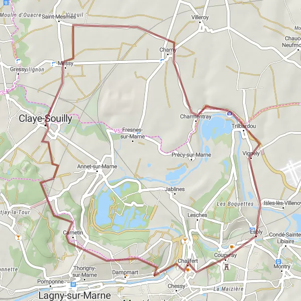 Map miniature of "Gravel Route around Coupvray" cycling inspiration in Ile-de-France, France. Generated by Tarmacs.app cycling route planner