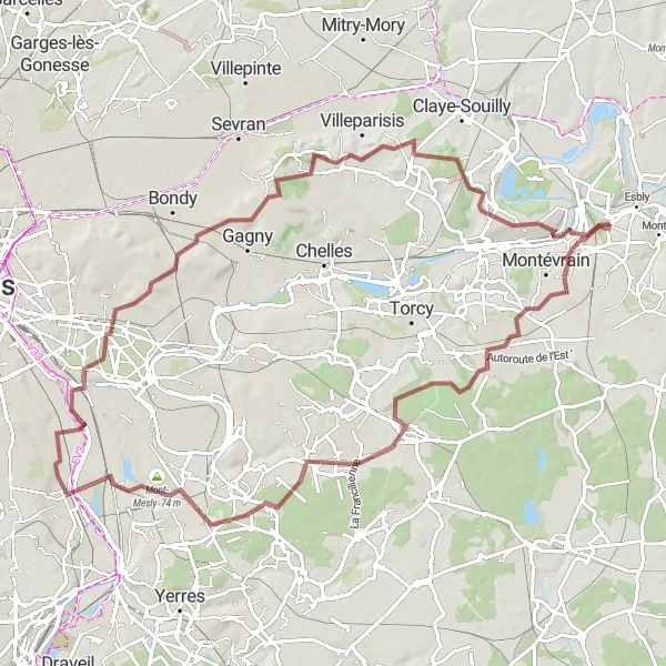 Miniature de la carte de l'inspiration cycliste "Parcours gravel vers Roissy-en-Brie" dans la Ile-de-France, France. Générée par le planificateur d'itinéraire cycliste Tarmacs.app