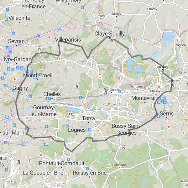 Miniature de la carte de l'inspiration cycliste "Jossigny - Jablines Road Tour" dans la Ile-de-France, France. Générée par le planificateur d'itinéraire cycliste Tarmacs.app