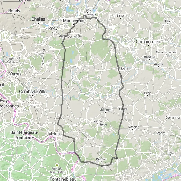 Miniature de la carte de l'inspiration cycliste "Parcours cycliste longue distance près de Coupvray" dans la Ile-de-France, France. Générée par le planificateur d'itinéraire cycliste Tarmacs.app