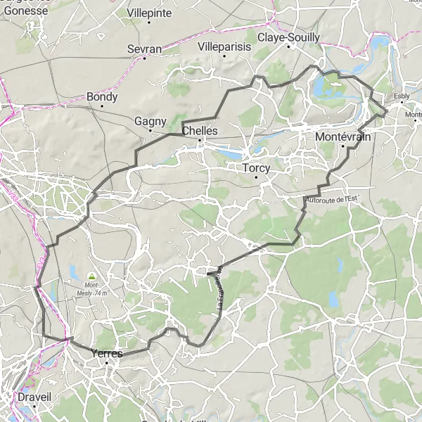 Miniature de la carte de l'inspiration cycliste "Boucle autour de Coupvray" dans la Ile-de-France, France. Générée par le planificateur d'itinéraire cycliste Tarmacs.app