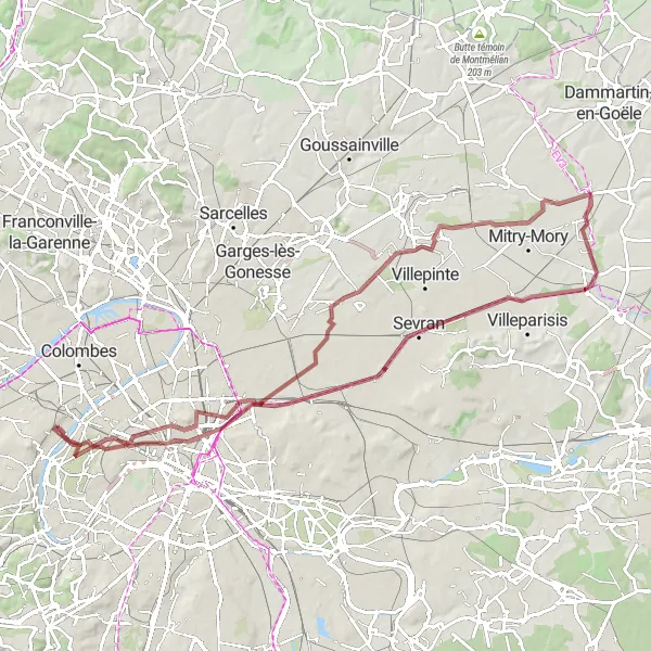Map miniature of "Gravel Adventure from Courbevoie" cycling inspiration in Ile-de-France, France. Generated by Tarmacs.app cycling route planner
