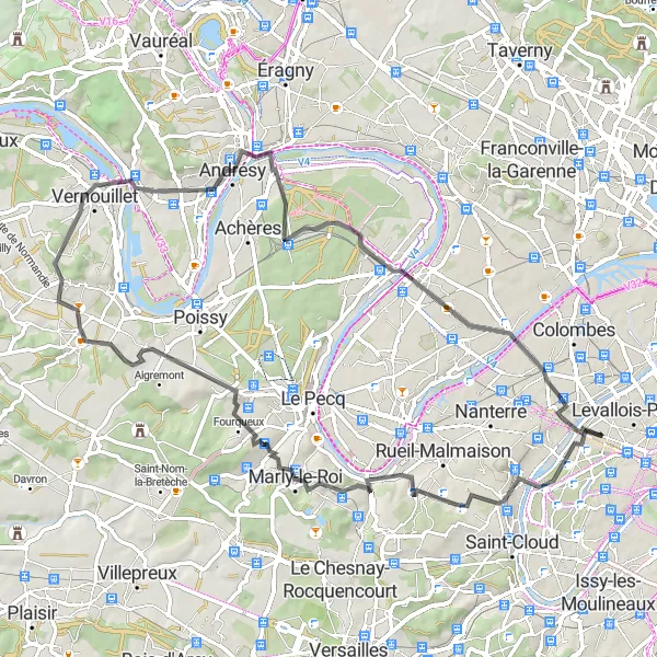 Map miniature of "Challenging Road Loop near Courbevoie" cycling inspiration in Ile-de-France, France. Generated by Tarmacs.app cycling route planner