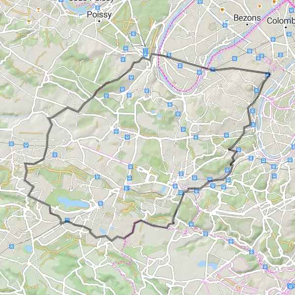 Map miniature of "Scenic Road Trip near Courbevoie" cycling inspiration in Ile-de-France, France. Generated by Tarmacs.app cycling route planner