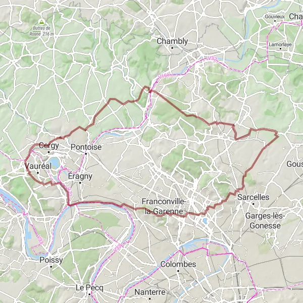 Miniature de la carte de l'inspiration cycliste "Aventures gravel autour de Cergy" dans la Ile-de-France, France. Générée par le planificateur d'itinéraire cycliste Tarmacs.app