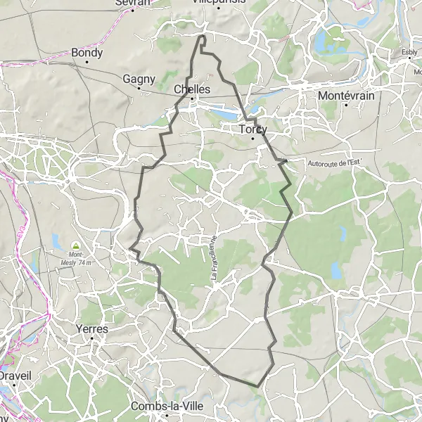 Miniature de la carte de l'inspiration cycliste "Boucle à vélo de Courtry" dans la Ile-de-France, France. Générée par le planificateur d'itinéraire cycliste Tarmacs.app