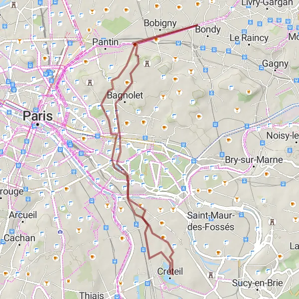 Map miniature of "Maisons-Alfort - Bobigny Gravel Loop" cycling inspiration in Ile-de-France, France. Generated by Tarmacs.app cycling route planner