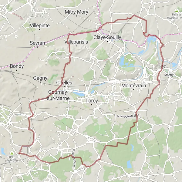 Miniature de la carte de l'inspiration cycliste "Boucle gravel près de Créteil" dans la Ile-de-France, France. Générée par le planificateur d'itinéraire cycliste Tarmacs.app
