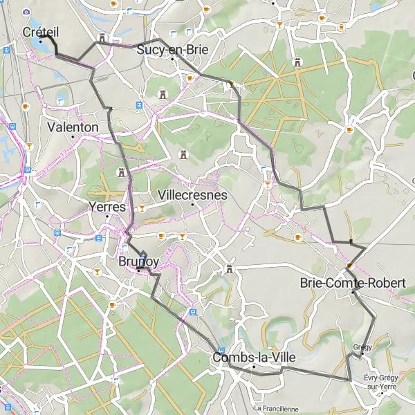 Miniature de la carte de l'inspiration cycliste "Circuit pittoresque vers Brie-Comte-Robert" dans la Ile-de-France, France. Générée par le planificateur d'itinéraire cycliste Tarmacs.app