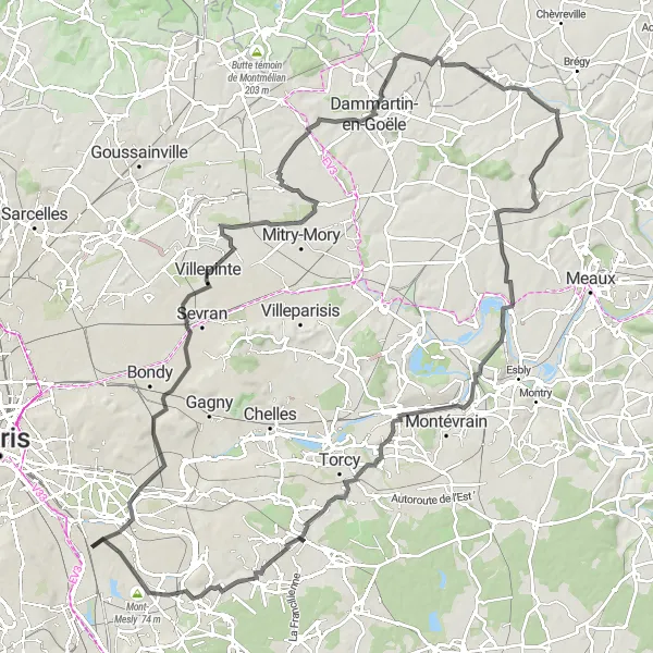 Map miniature of "Créteil to Mont-Mesly and Lagny-sur-Marne Loop" cycling inspiration in Ile-de-France, France. Generated by Tarmacs.app cycling route planner