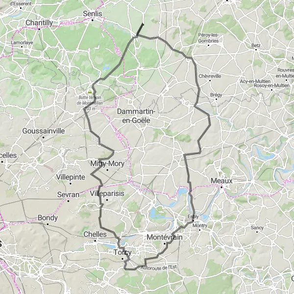 Map miniature of "Challenging Ride to Nanteuil-le-Haudouin" cycling inspiration in Ile-de-France, France. Generated by Tarmacs.app cycling route planner