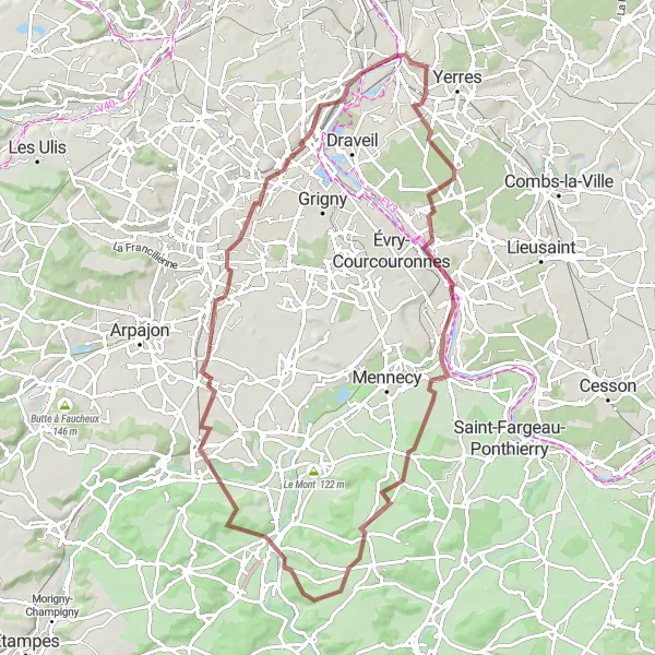 Map miniature of "Crosne to Villeneuve-Saint-Georges Gravel Ride" cycling inspiration in Ile-de-France, France. Generated by Tarmacs.app cycling route planner