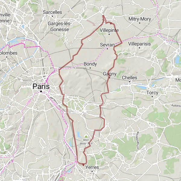 Miniature de la carte de l'inspiration cycliste "Parcours des Pyramides" dans la Ile-de-France, France. Générée par le planificateur d'itinéraire cycliste Tarmacs.app