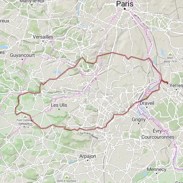 Map miniature of "Scenic Gravel Adventure" cycling inspiration in Ile-de-France, France. Generated by Tarmacs.app cycling route planner