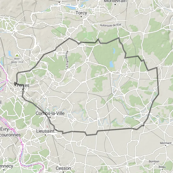 Map miniature of "Road Cycling Around Crosne" cycling inspiration in Ile-de-France, France. Generated by Tarmacs.app cycling route planner