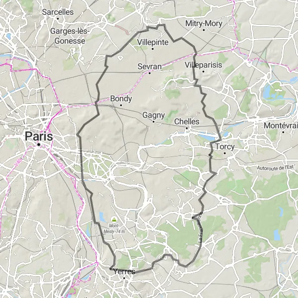 Map miniature of "Road Cycling Challenge" cycling inspiration in Ile-de-France, France. Generated by Tarmacs.app cycling route planner