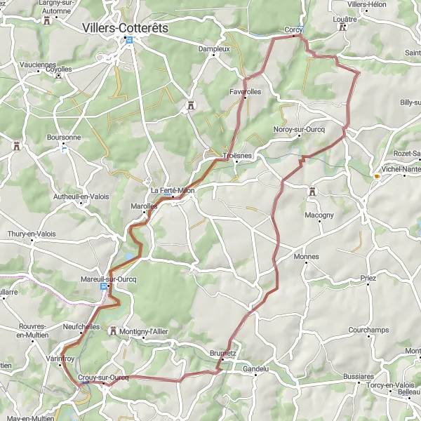 Map miniature of "The Mareuil-sur-Ourcq Gravel Adventure" cycling inspiration in Ile-de-France, France. Generated by Tarmacs.app cycling route planner