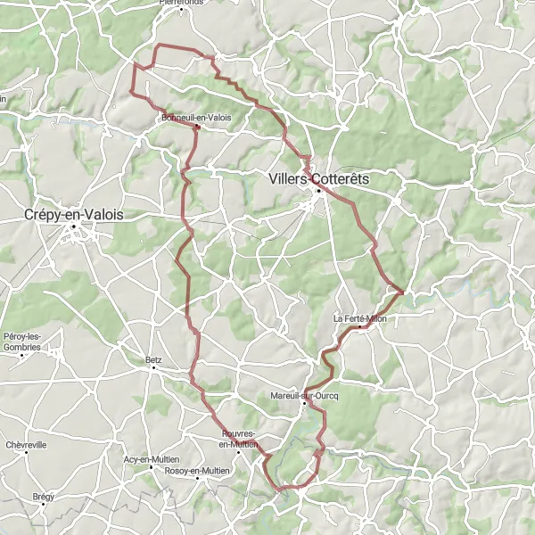 Miniature de la carte de l'inspiration cycliste "Les Chemins de la Ferté-Milon" dans la Ile-de-France, France. Générée par le planificateur d'itinéraire cycliste Tarmacs.app