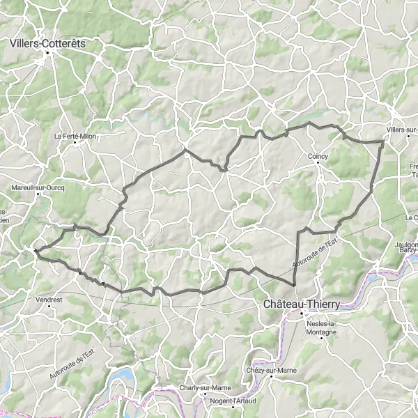 Map miniature of "Scenic Road Cycling from Crouy-sur-Ourcq to Marigny-en-Orxois" cycling inspiration in Ile-de-France, France. Generated by Tarmacs.app cycling route planner