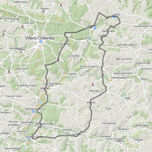 Miniature de la carte de l'inspiration cycliste "Aventure à vélo autour de Crouy-sur-Ourcq" dans la Ile-de-France, France. Générée par le planificateur d'itinéraire cycliste Tarmacs.app