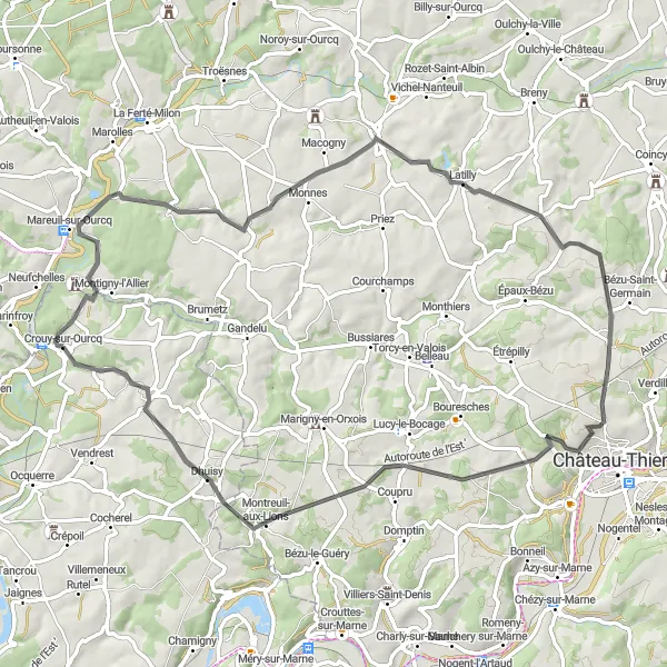 Map miniature of "The Montreuil-aux-Lions Challenge" cycling inspiration in Ile-de-France, France. Generated by Tarmacs.app cycling route planner