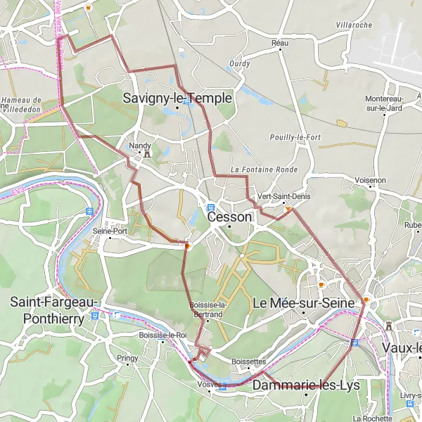 Map miniature of "Seine-et-Marne Gravel Adventure" cycling inspiration in Ile-de-France, France. Generated by Tarmacs.app cycling route planner