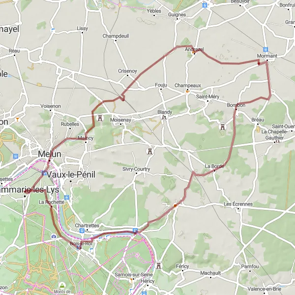 Map miniature of "Discover the Countryside of Melun" cycling inspiration in Ile-de-France, France. Generated by Tarmacs.app cycling route planner