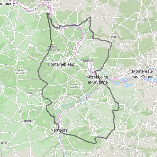 Map miniature of "Nemours Adventure" cycling inspiration in Ile-de-France, France. Generated by Tarmacs.app cycling route planner