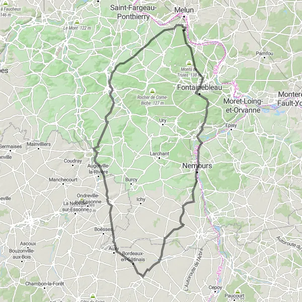 Miniature de la carte de l'inspiration cycliste "Tour de Fontainebleau et Nemours" dans la Ile-de-France, France. Générée par le planificateur d'itinéraire cycliste Tarmacs.app