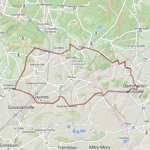 Miniature de la carte de l'inspiration cycliste "Randonnée gravel via Chennevières-lès-Louvres" dans la Ile-de-France, France. Générée par le planificateur d'itinéraire cycliste Tarmacs.app
