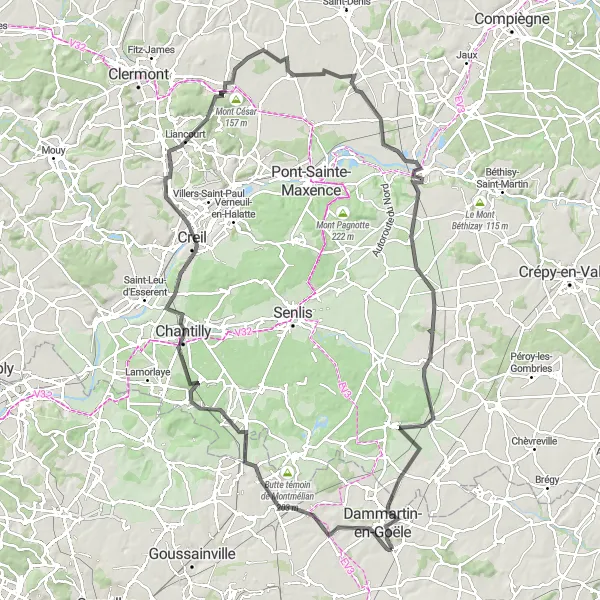 Miniature de la carte de l'inspiration cycliste "Parcours de cyclisme autour de Dammartin-en-Goële" dans la Ile-de-France, France. Générée par le planificateur d'itinéraire cycliste Tarmacs.app