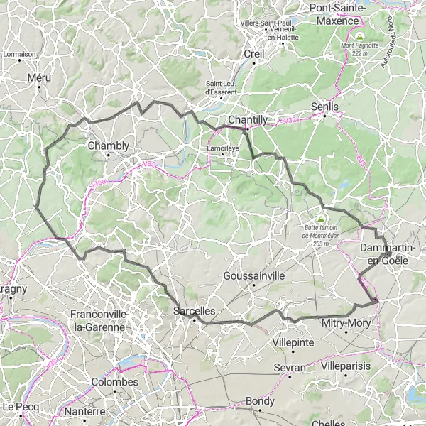 Map miniature of "Les plateaux du val d'Oise and Gouvieux" cycling inspiration in Ile-de-France, France. Generated by Tarmacs.app cycling route planner