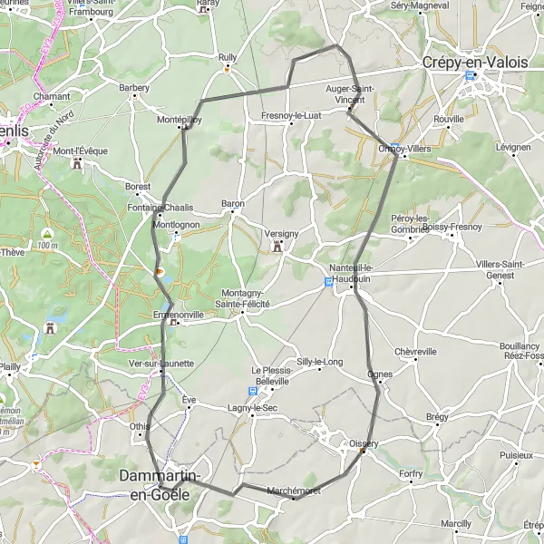 Map miniature of "Exploring Ermenonville and Fontaine-Chaalis" cycling inspiration in Ile-de-France, France. Generated by Tarmacs.app cycling route planner