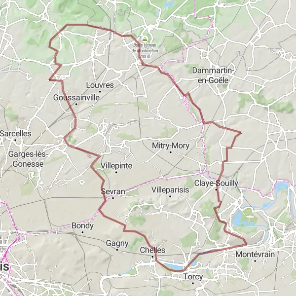 Map miniature of "Chelles to Claye-Souilly Gravel Challenge" cycling inspiration in Ile-de-France, France. Generated by Tarmacs.app cycling route planner