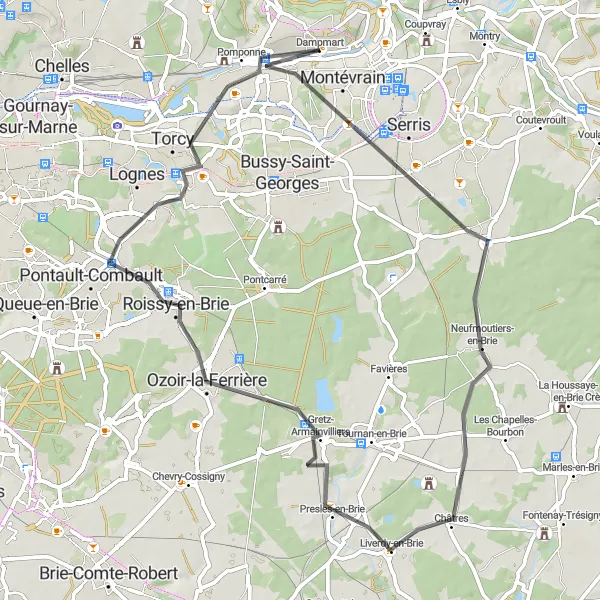 Map miniature of "Dampmart Adventure" cycling inspiration in Ile-de-France, France. Generated by Tarmacs.app cycling route planner