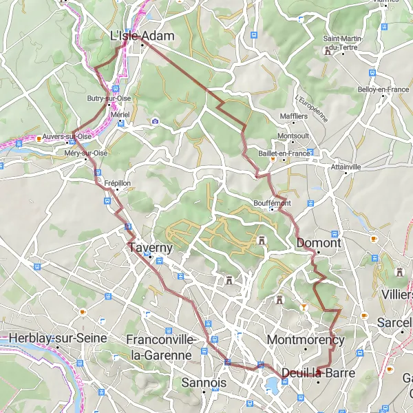Map miniature of "Scenic Gravel Ride to Auvers-sur-Oise and L'Isle-Adam" cycling inspiration in Ile-de-France, France. Generated by Tarmacs.app cycling route planner