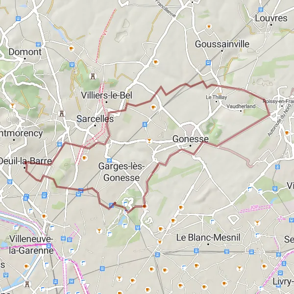 Map miniature of "Leisurely Gravel Ride to Stains and Villiers-le-Bel" cycling inspiration in Ile-de-France, France. Generated by Tarmacs.app cycling route planner