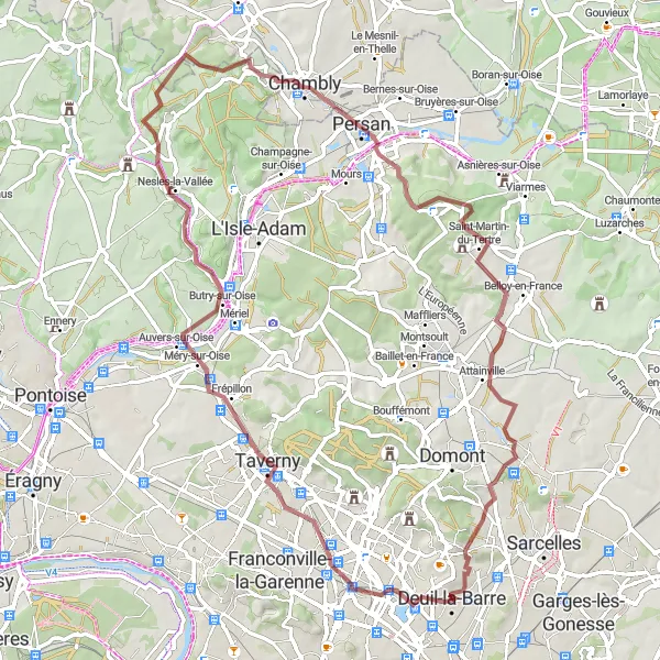 Map miniature of "The Auvers-sur-Oise Gravel" cycling inspiration in Ile-de-France, France. Generated by Tarmacs.app cycling route planner