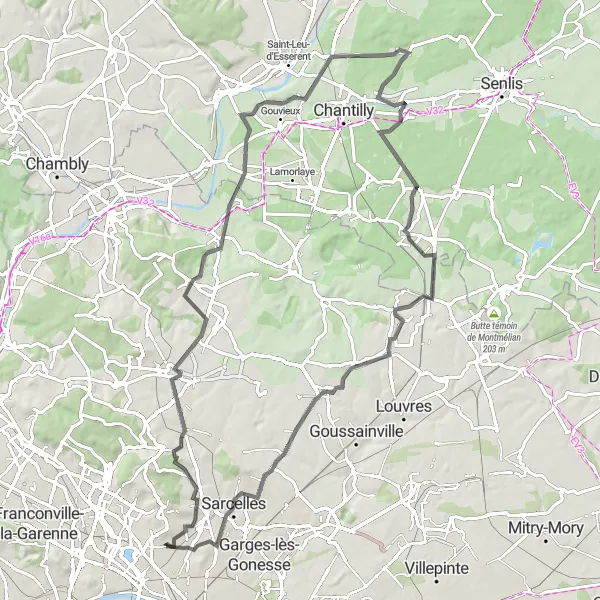 Map miniature of "Challenging Road Cycling Loop through Domont and Sarcelles" cycling inspiration in Ile-de-France, France. Generated by Tarmacs.app cycling route planner
