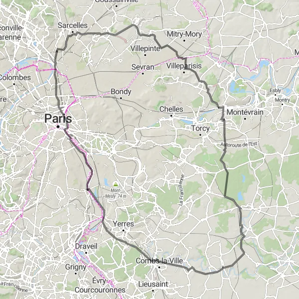 Map miniature of "The Gonesse Epic" cycling inspiration in Ile-de-France, France. Generated by Tarmacs.app cycling route planner