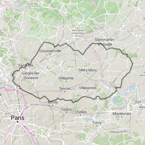 Map miniature of "The Sarcelles Loop" cycling inspiration in Ile-de-France, France. Generated by Tarmacs.app cycling route planner