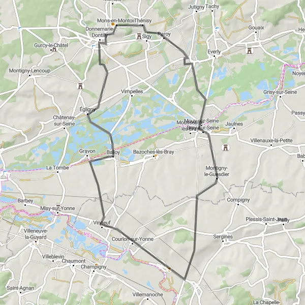 Miniature de la carte de l'inspiration cycliste "Circuit des Seigneurs" dans la Ile-de-France, France. Générée par le planificateur d'itinéraire cycliste Tarmacs.app