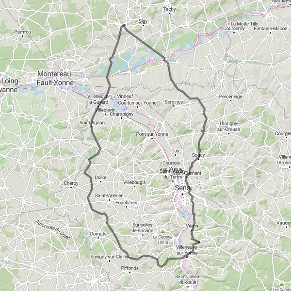 Miniature de la carte de l'inspiration cycliste "Le Patrimoine de l'Yonne" dans la Ile-de-France, France. Générée par le planificateur d'itinéraire cycliste Tarmacs.app