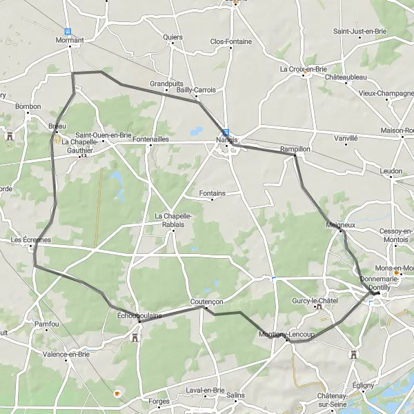 Map miniature of "Rolling hills and historic villages near Donnemarie-Dontilly" cycling inspiration in Ile-de-France, France. Generated by Tarmacs.app cycling route planner